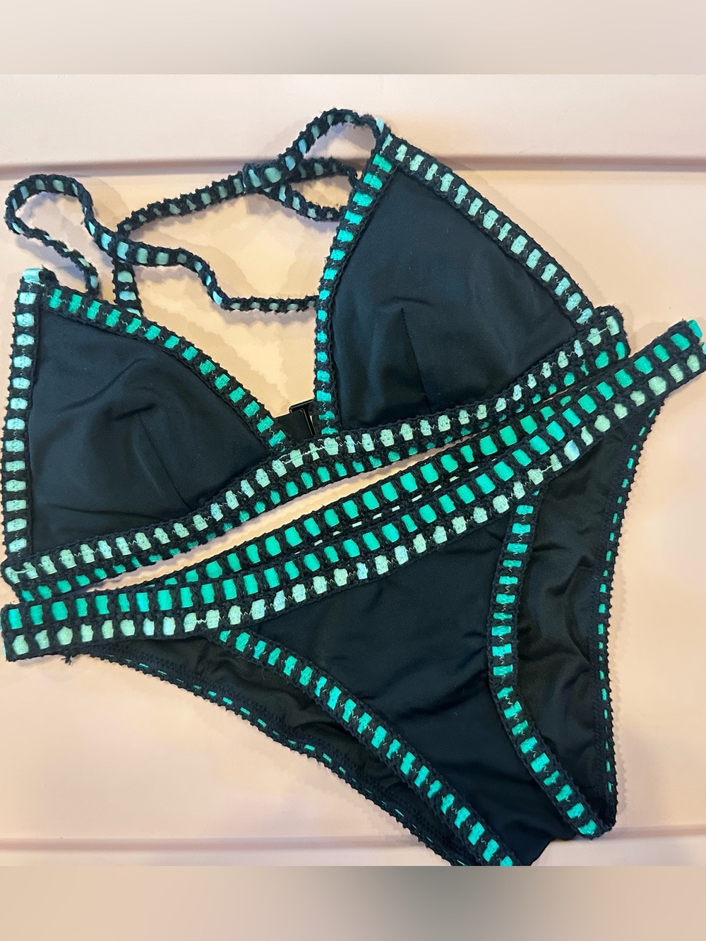 Victoria's Secret Black Bikini with Teal Crochet Trim